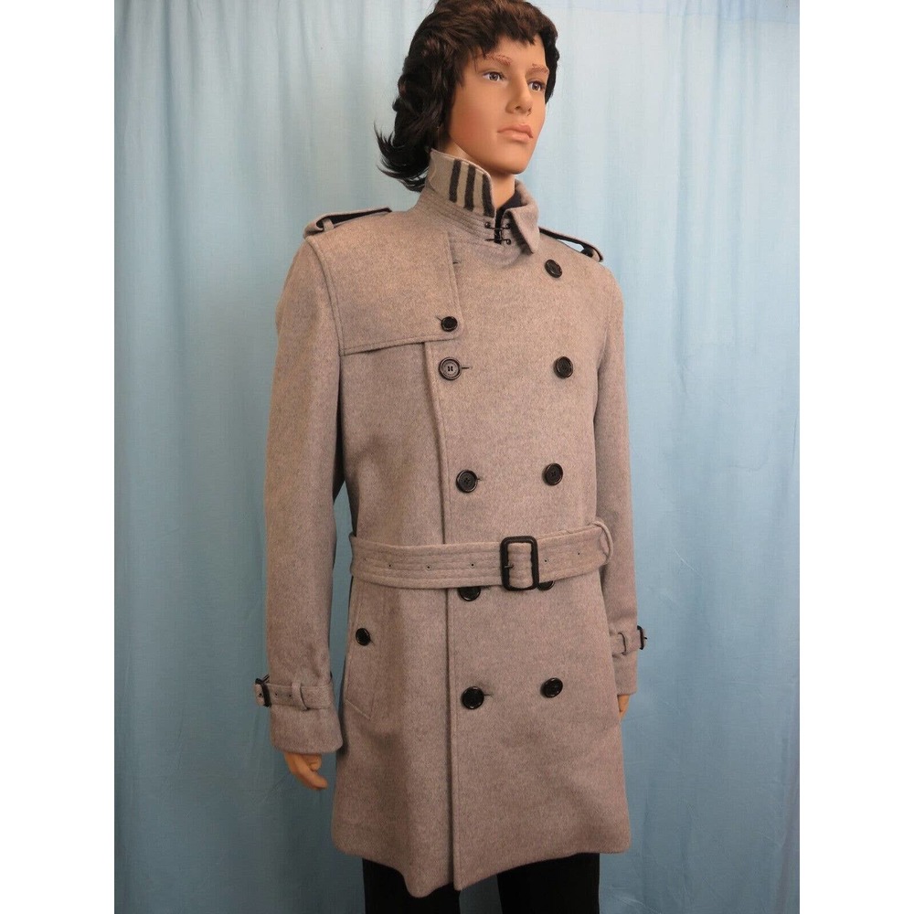 NWT BURBERRY KENSINGTON GRAY WOOL CASHMERE CHECK COLLAR TRENCH COAT US 44 EUR 54